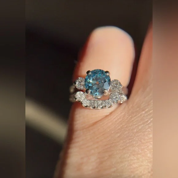 2.55 ctw Old European Cut Blue Lab and Natural Diamond Wedding Set - Picture 13 of 17